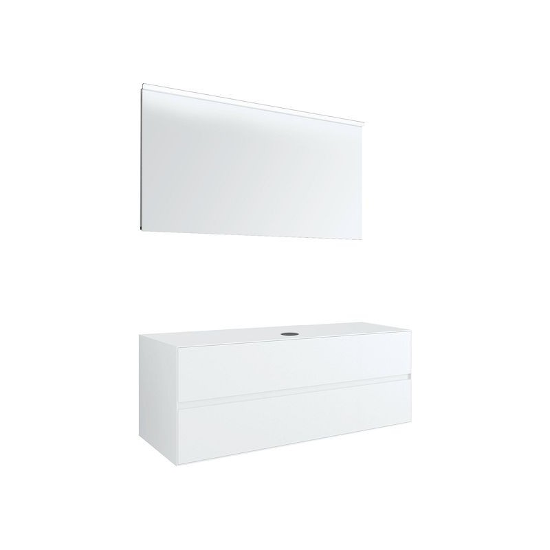 Meuble 2 tiroirs+ tablettete pour lavabo à poser central Tenso 140cm sans trou robinet coloris blanc avec miroir