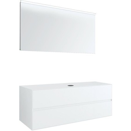 Meuble 2 tiroirs+ tablettete pour lavabo à poser central Tenso 140cm sans trou robinet coloris blanc avec miroir