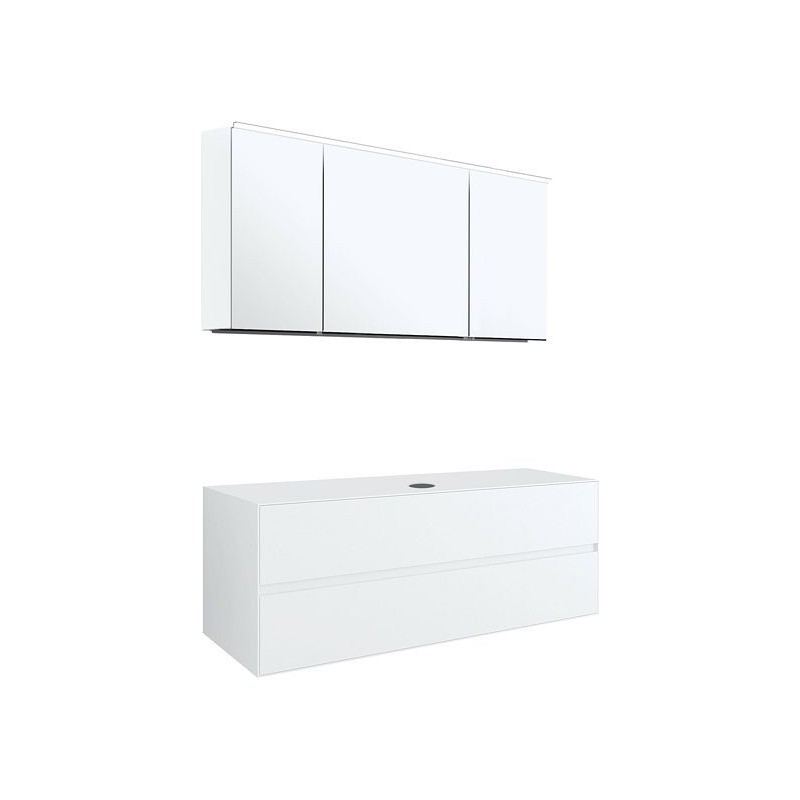 Meuble 2 tiroirs+ tablettete pour lavabo à poser central Tenso 140cm sans trou robinet coloris blanc avec armoire toilette.