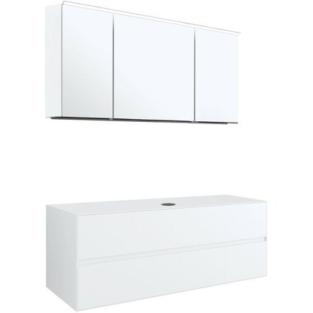 Meuble 2 tiroirs+ tablettete pour lavabo à poser central Tenso 140cm sans trou robinet coloris blanc avec armoire toilette.