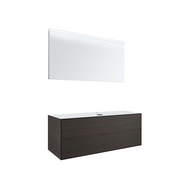 Meuble 2 tiroirs+ tablettete pour lavabo à poser central Tenso 140cm +trou robinet coloris wenge avec miroir