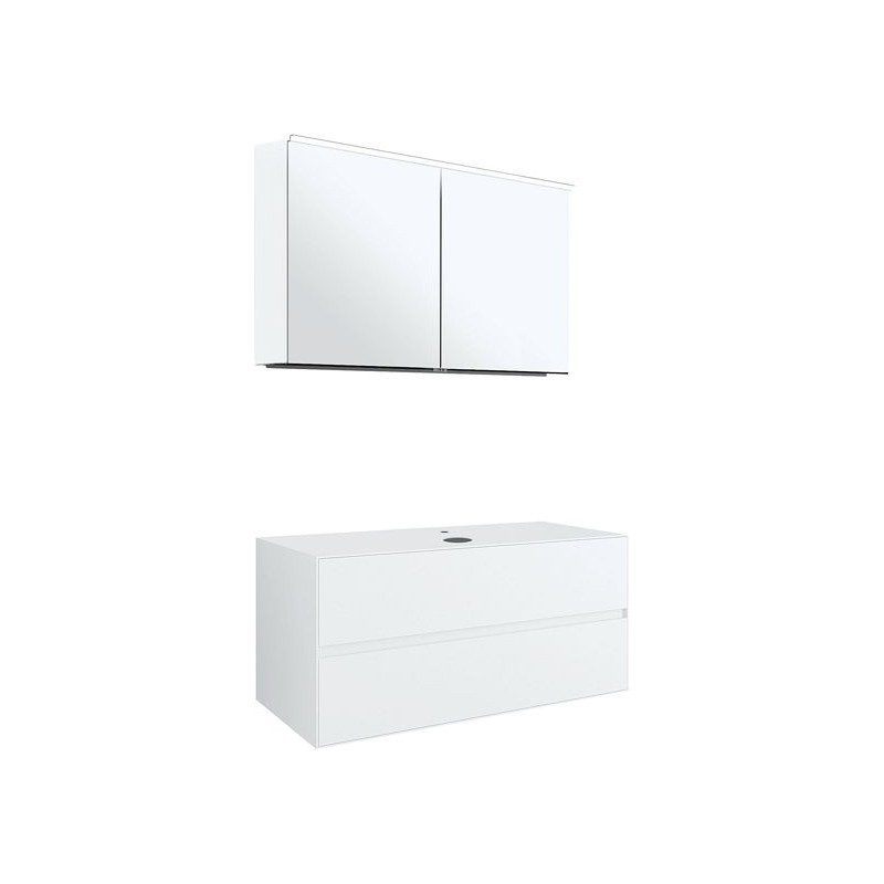 Meuble 2 tiroirs+ tablettete pour lavabo à poser central tenso 120cm Tenso +trou robinet coloris blanc avec armoire toilette