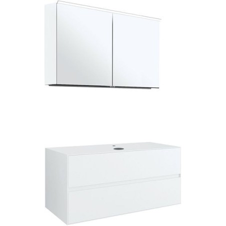 Meuble 2 tiroirs+ tablettete pour lavabo à poser central tenso 120cm Tenso +trou robinet coloris blanc avec armoire toilette