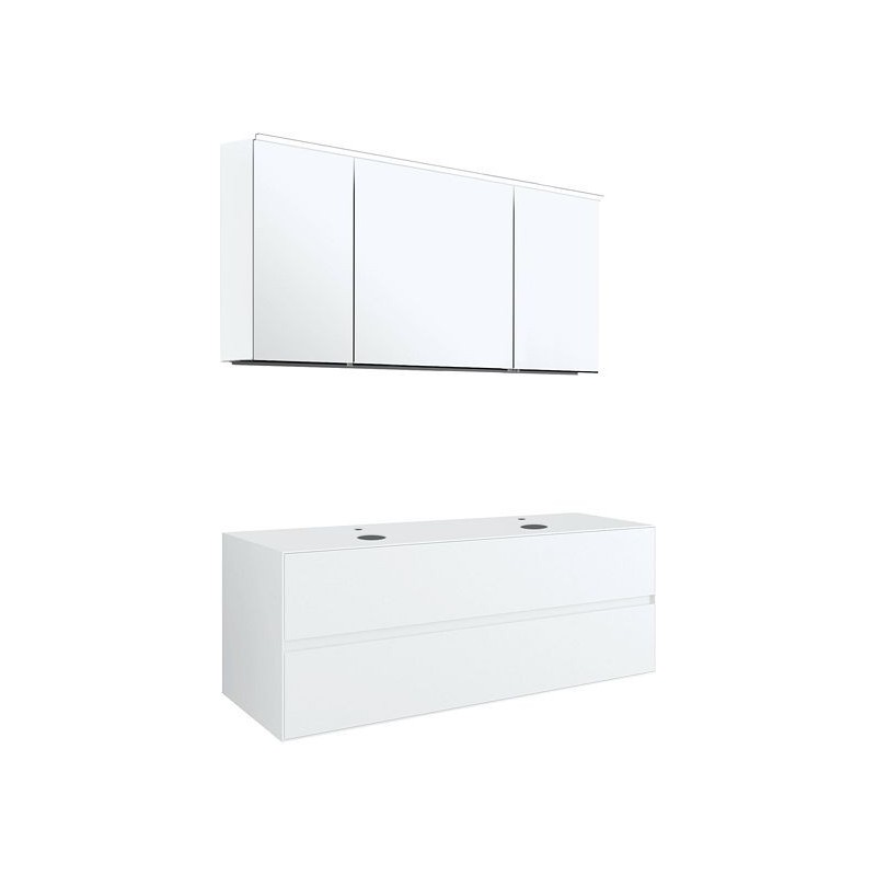 Meuble 2 tiroirs+ tablettete pour 2 lavabos à poser Tenso 140cm +trous robinets coloris blanc avec armoire toilette