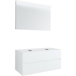 Meuble 2 tiroirs+ tablettete pour 2 lavabos à poser Tenso 120cm +trous robinets blanc avec miroir