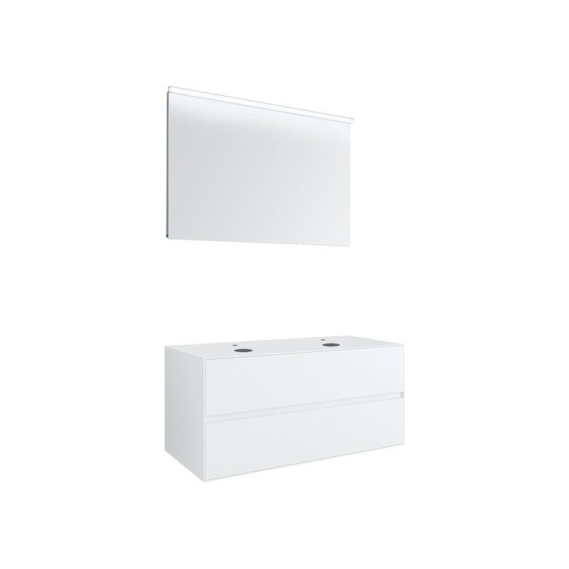 Meuble 2 tiroirs+ tablettete pour 2 lavabos à poser Tenso 120cm +trous robinets blanc avec miroir