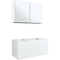 Meuble 2 tiroirs+ tablettete pour 2 lavabos à poser Tenso 120cm +trous robinets blanc avec armoire toilette