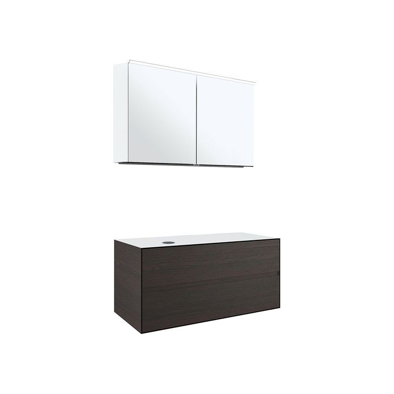 Meuble 2 tiroirs+ tablette pour lavabo à poser gauche Tenso 120cm Tenso sans trou robinet gris avec armoire toilette