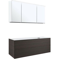 Meuble 2 tiroirs+ tablette pour lavabo à poser droite Tenso 140cm sans trou robinet coloris wenge avec armoire toilette