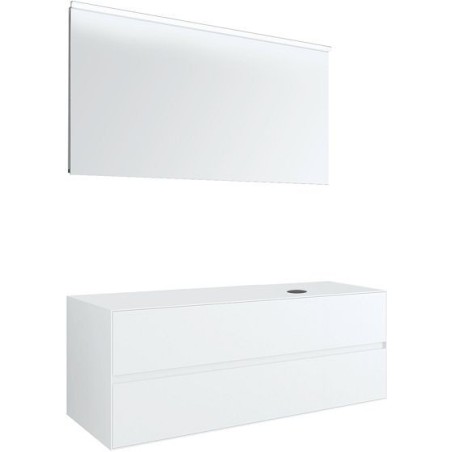 Meuble 2 tiroirs+ tablette pour lavabo à poser droite Tenso 140cm sans trou robinet coloris blanc avec miroir