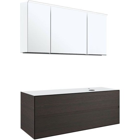 Meuble 2 tiroirs+ tablette pour lavabo à poser droite Tenso 140cm +trou robinet coloris wenge avec armoire toilette