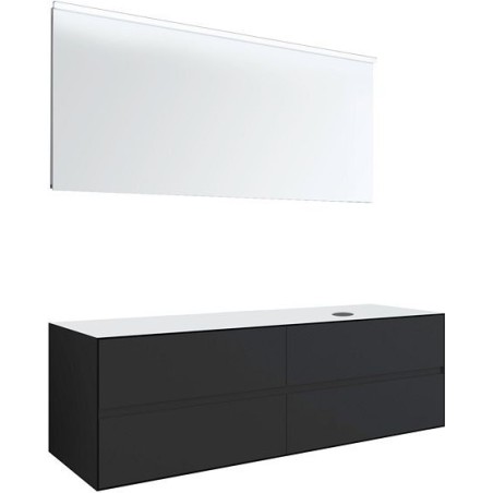 Meuble 4 tiroirs+ tablette pour lavabo à poser droite Tenso 160cm sans trou robinet coloris gris avec miroir