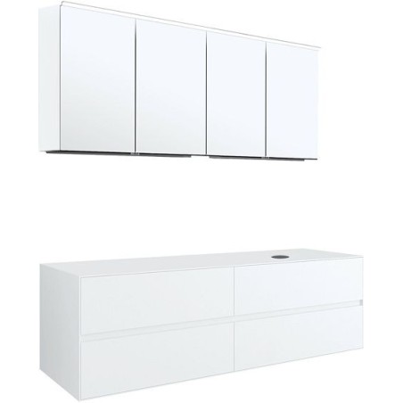 Meuble 4 tiroirs+ tablette pour lavabo à poser droite Tenso 160cm sans trou robinet coloris blanc avec armoire toilette
