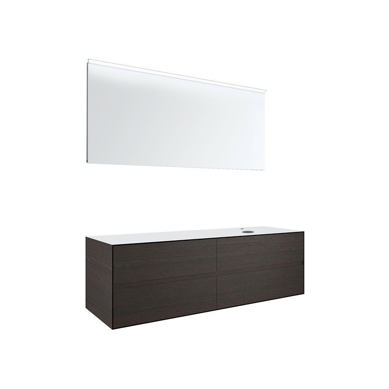 Meuble 4 tiroirs+ tablette pour lavabo à poser droite Tenso 160cm +trou robinet coloris wenge avec miroir