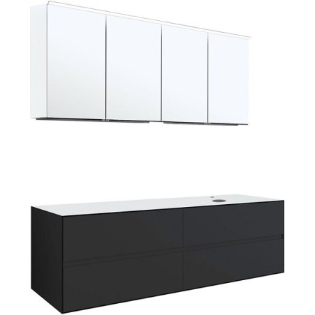 Meuble 4 tiroirs+ tablette pour lavabo à poser droite Tenso 160cm +trou robinet coloris gris avec armoire toilette