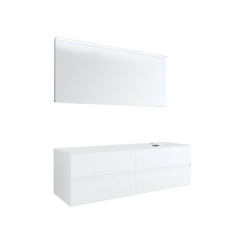 Meuble 4 tiroirs+ tablette pour lavabo à poser droite Tenso 160cm +trou robinet coloris blanc avec miroir