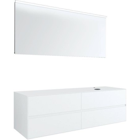 Meuble 4 tiroirs+ tablette pour lavabo à poser droite Tenso 160cm +trou robinet coloris blanc avec miroir
