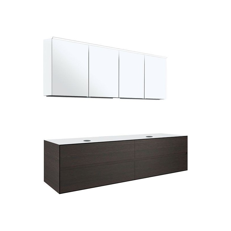 Meuble 4 tiroirs+ tablette pour 2 lavabos à poser Tenso 180cm sans trous robinets coloris wenge avec armoire toilette