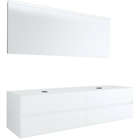 Meuble 4 tiroirs+ tablette pour 2 lavabos à poser Tenso 180cm sans trous robinets coloris blanc avec miroir