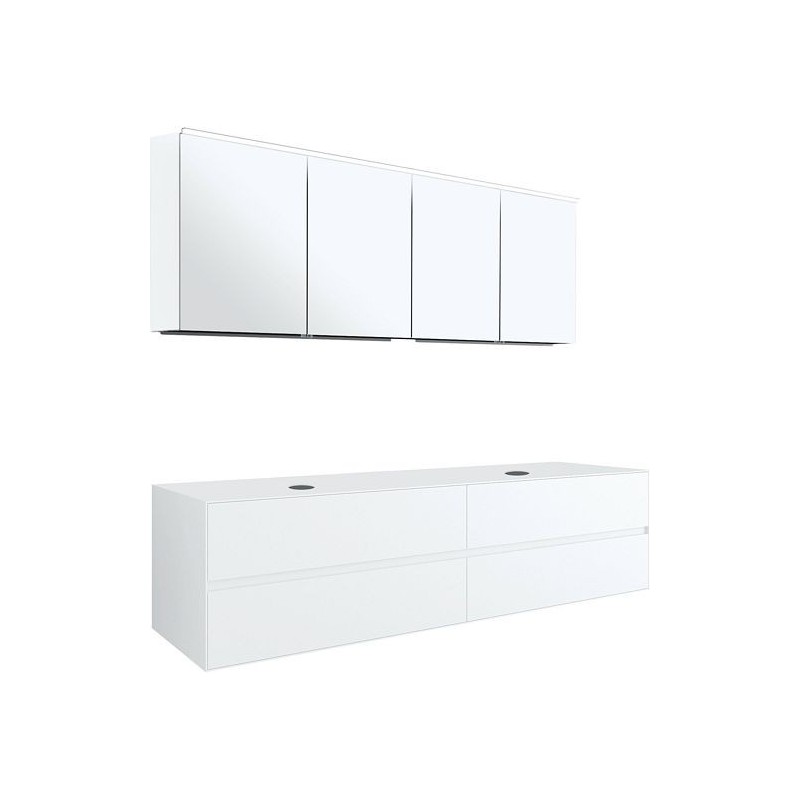 Meuble 4 tiroirs+ tablette pour 2 lavabos à poser Tenso 180cm sans trous robinets coloris blanc avec armoire toilette