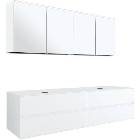 Meuble 4 tiroirs+ tablette pour 2 lavabos à poser Tenso 180cm sans trous robinets coloris blanc avec armoire toilette