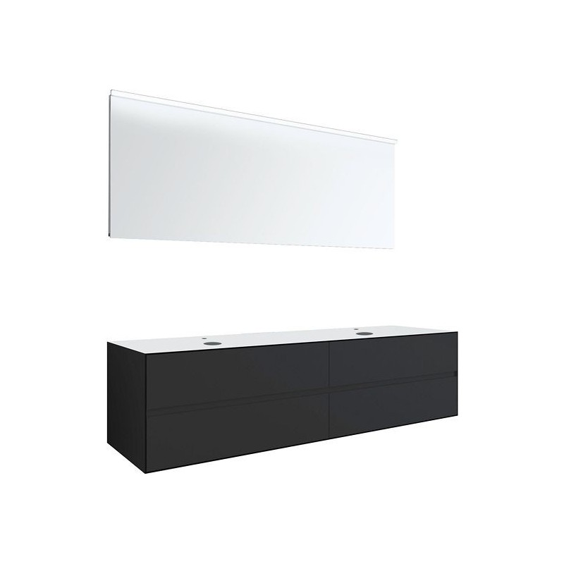 Meuble 4 tiroirs+ tablette pour 2 lavabos à poser Tenso 180cm +trous robinets coloris gris avec miroir