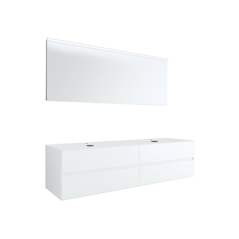 Meuble 4 tiroirs+ tablette pour 2 lavabos à poser Tenso 180cm +trous robinets coloris blanc avec miroir
