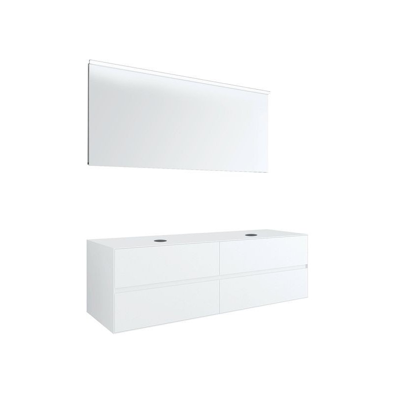 Meuble 4 tiroirs+ tablette pour 2 lavabos à poser Tenso 160cm sans trous robinets blanc avec miroir