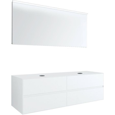 Meuble 4 tiroirs+ tablette pour 2 lavabos à poser Tenso 160cm sans trous robinets blanc avec miroir