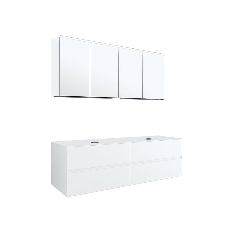 Meuble 4 tiroirs+ tablette pour 2 lavabos à poser Tenso 160cm sans trous robinets blanc avec armoire toilette