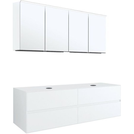 Meuble 4 tiroirs+ tablette pour 2 lavabos à poser Tenso 160cm sans trous robinets blanc avec armoire toilette