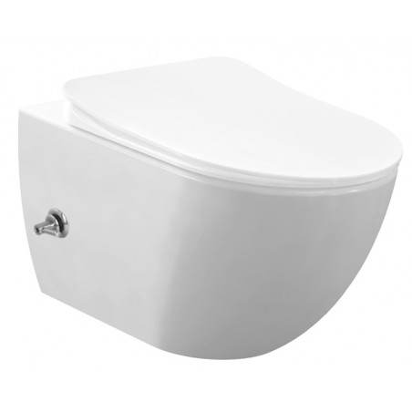 Creavit wc suspendue design blanche avec buse en acier inoxydable rimoff plus robinet d'eau chaude/froide intégré
