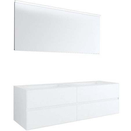 Meuble 4 tiroirs+ lavabos sous encastrer Tenso 160cm sans trous robinets coloris blanc avec miroir