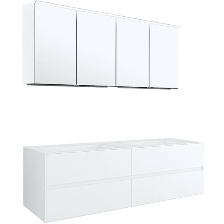 Meuble 4 tiroirs+ lavabos sous encastrer Tenso 160cm sans trous robinets coloris blanc avec armoire toilette