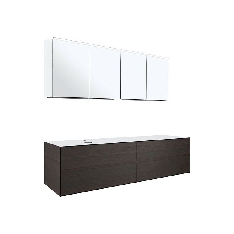 Meuble 4 tiroirs+ tablette pour lavabo à poser gauche Tenso 180cm +trou robinet coloris wenge avec armoire toilette