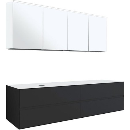 Meuble 4 tiroirs+ tablette pour lavabo à poser gauche Tenso 180cm +trou robinet coloris gris avec armoire toilette