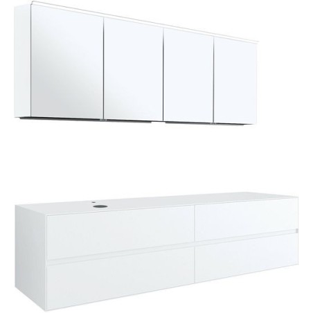 Meuble 4 tiroirs+ tablette pour lavabo à poser gauche Tenso 180cm +trou robinet coloris blanc avec armoire toilette