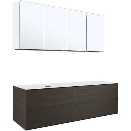 Meuble 4 tiroirs+ tablette pour lavabo à poser gauche Tenso 160cm sans trou robinet coloris gris avec armoire toilette