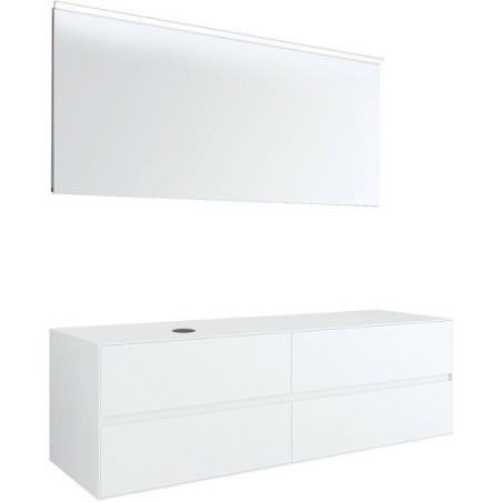 Meuble 4 tiroirs+ tablette pour lavabo à poser gauche Tenso 160cm sans trou robinet coloris blanc avec miroir