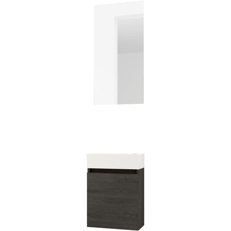 Lave-mains forme mini porcelaine mat wit/ 1 port/miroir chêne graphite