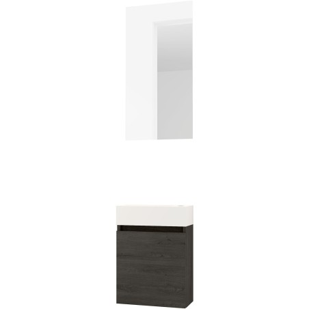Lave-mains forme mini porcelaine mat wit/ 1 port/miroir chêne graphite