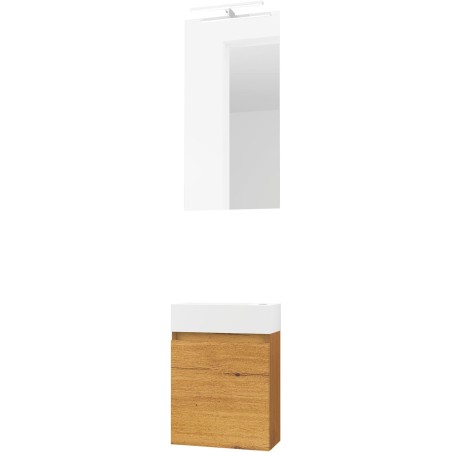 Lave-mains forme mini porcelaine mat wit/ 1 port/miroir/lumière led chêne gold