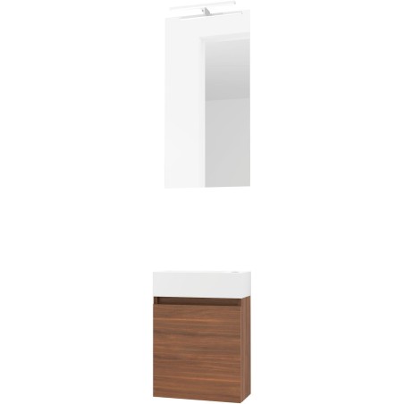 Lave-mains forme mini porcelaine mat wit/ 1 port/miroir/lumière led noyer