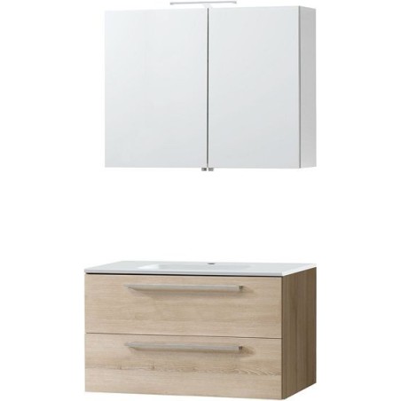 Meuble Combo Uni coloris frêne 90 marbre synthétique avec armoire toilette