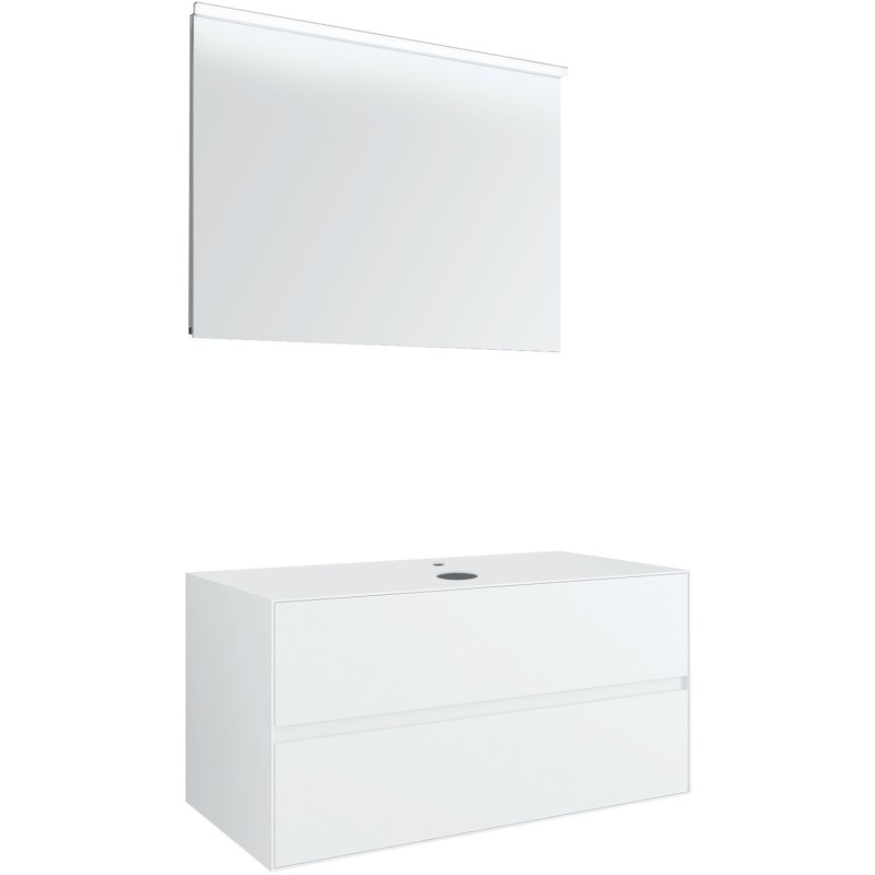 Meuble 2 tiroirs+ tablette pour lavabo à poser central Tenso 90cm Tenso +trou robinet coloris blanc avec miroir