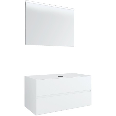 Meuble 2 tiroirs+ tablette pour lavabo à poser central Tenso 90cm Tenso +trou robinet coloris blanc avec miroir