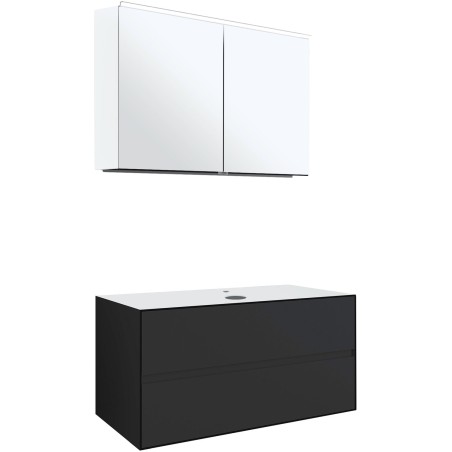 Meuble 2 tiroirs+ tablette pour lavabo à poser central Tenso 90cm Tenso +trou robinet coloris gris avec armoire toilette