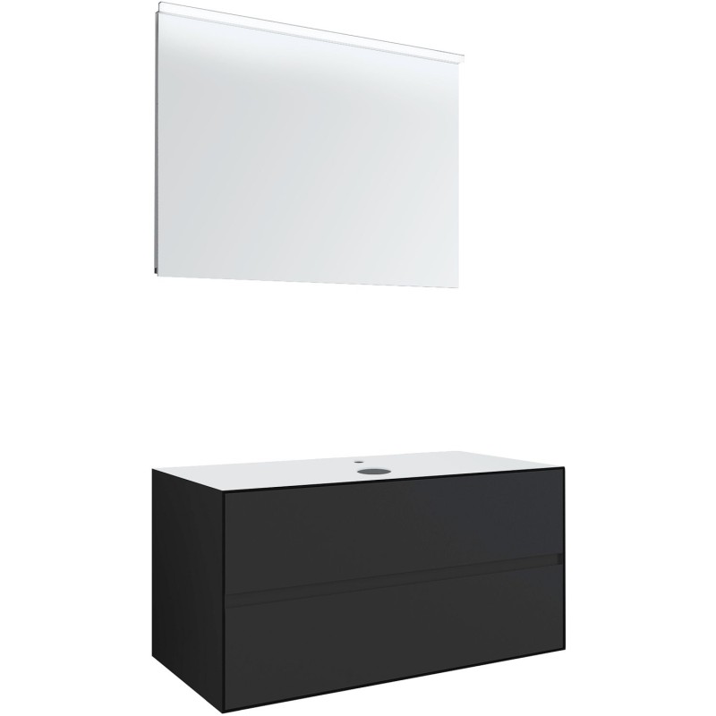 Meuble 2 tiroirs+ tablette pour lavabo à poser central Tenso 90cm Tenso +trou robinet coloris gris avec miroir