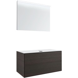 Meuble 2 tiroirs+ tablette pour lavabo à poser central Tenso 90cm Tenso +trou robinet coloris wenge avec miroir