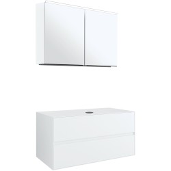 Meuble 2 tiroirs+ tablette pour lavabo à poser central Tenso 90cm Tenso sans trou robinet coloris blanc avec armoire toilette